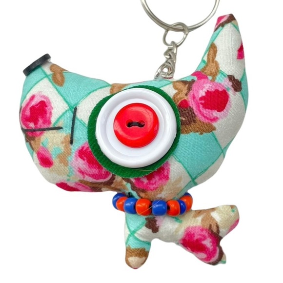 Handmade Floral Check Big Head Dog Keychain Purse Charm - Picture 1 of 6